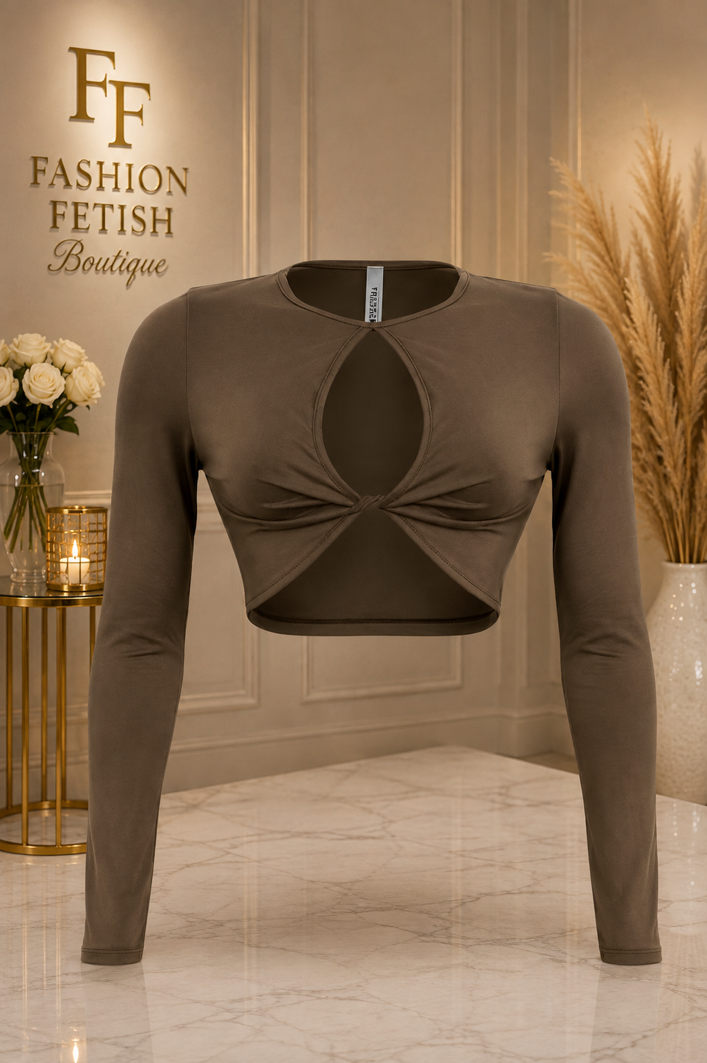 Olivia Long Sleeve Cutout Crop Top – Chocolate