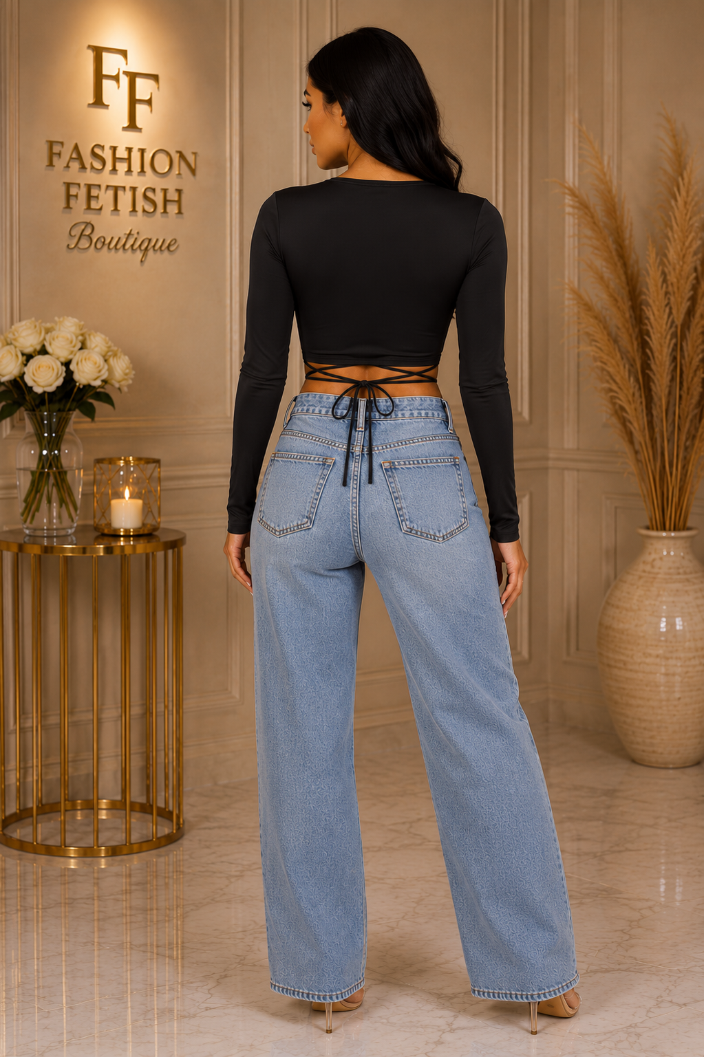 Black Wrap-Tie Long Sleeve Crop Top
