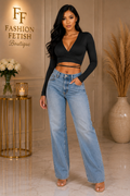 Black Wrap-Tie Long Sleeve Crop Top